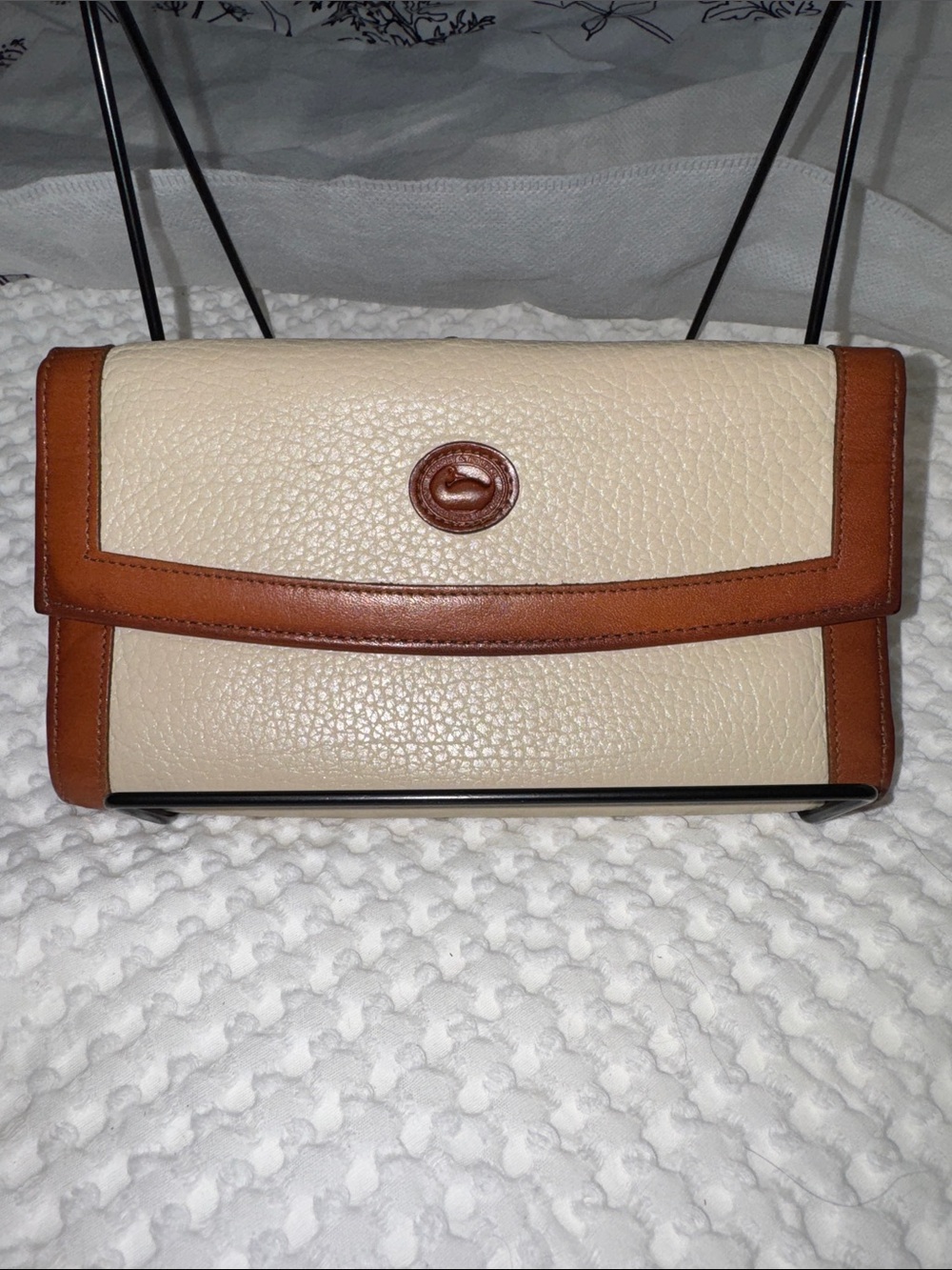 Vintage Dooney & Bourke Cream Pebbled Leather Clutch with Tan Trim